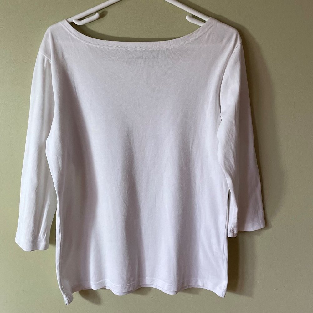 Women's White Cotton 3/4 Sleeve Top w/ Shoulder Button Accent (Large) - Picture 2 of 9